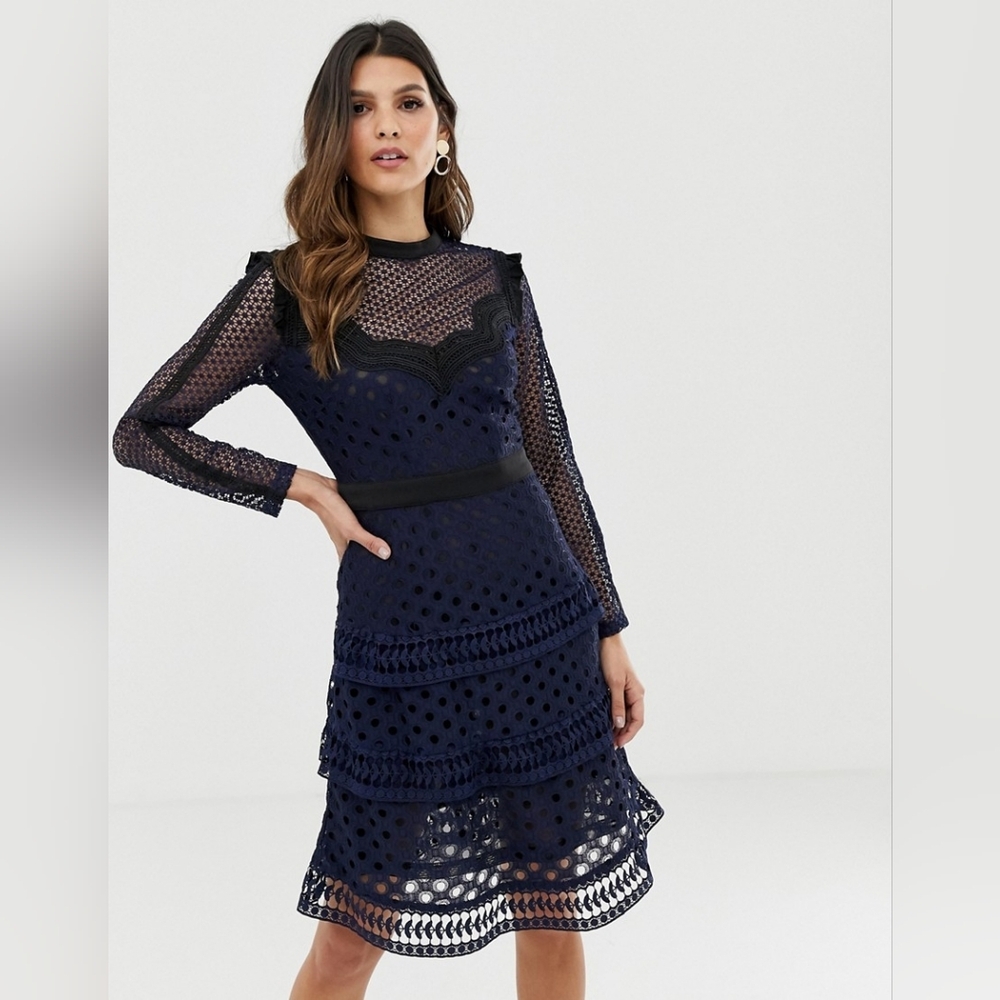 YAS Navy Long Sleeve Lace Dress